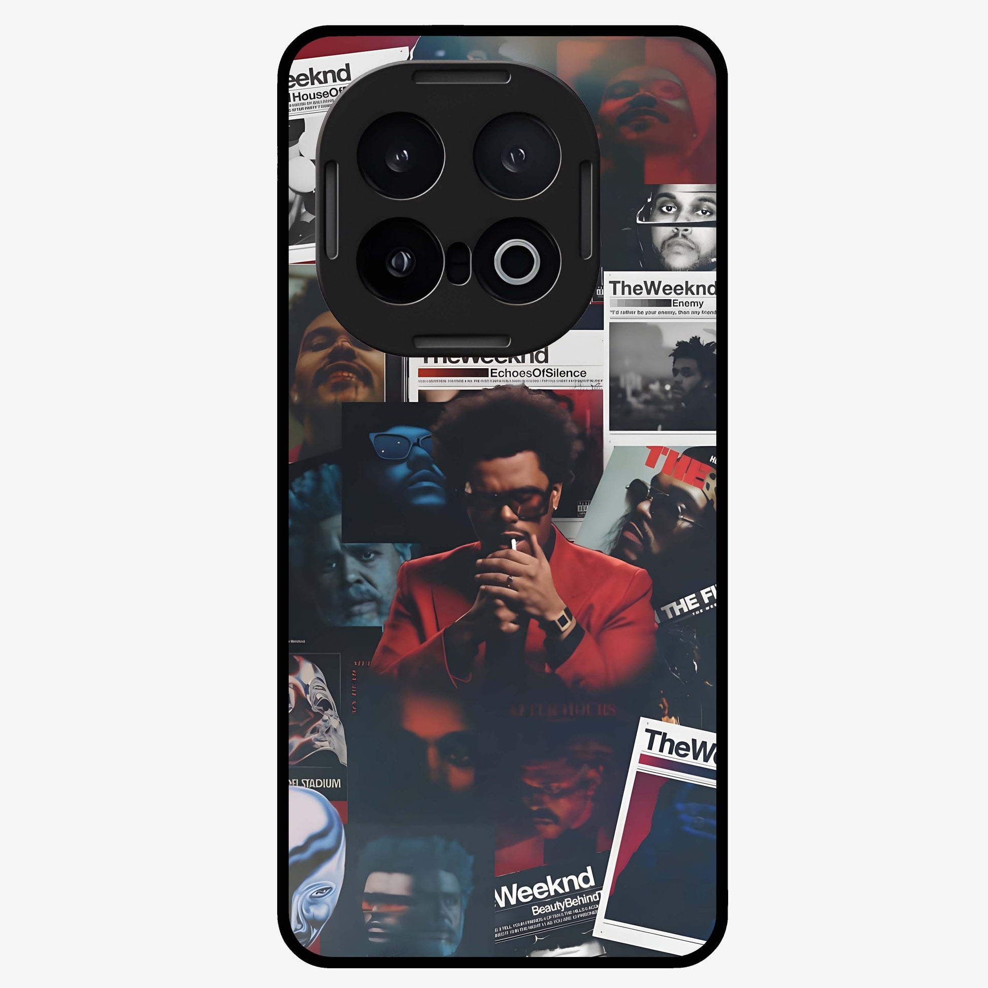 The Weeknd Glass Case showing flat back view with music inspired artistic portrait artwork and glossy glass finish.