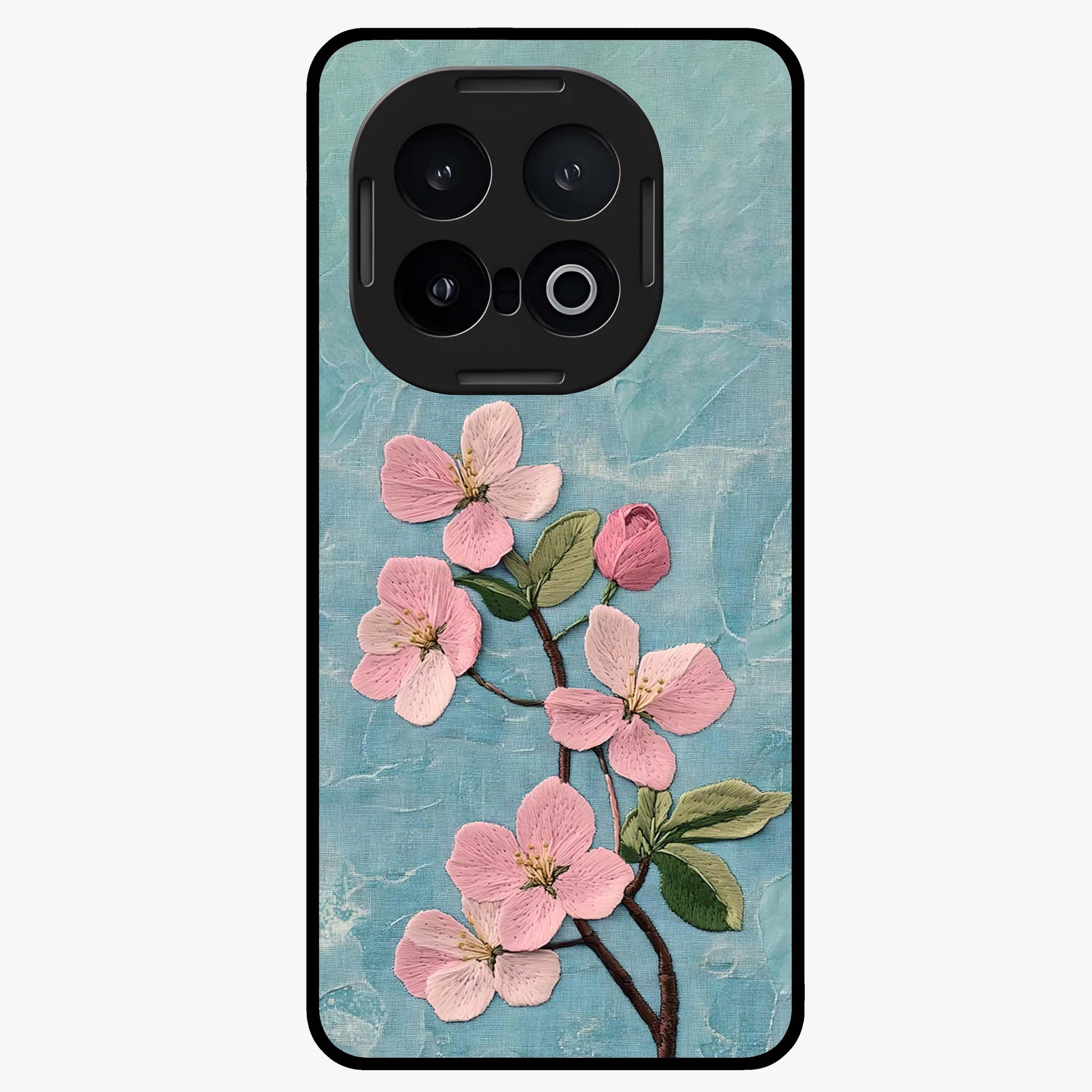 Threaded Blossom Breeze Glass Case showing flat back view with delicate blossom artwork and glossy glass finish.