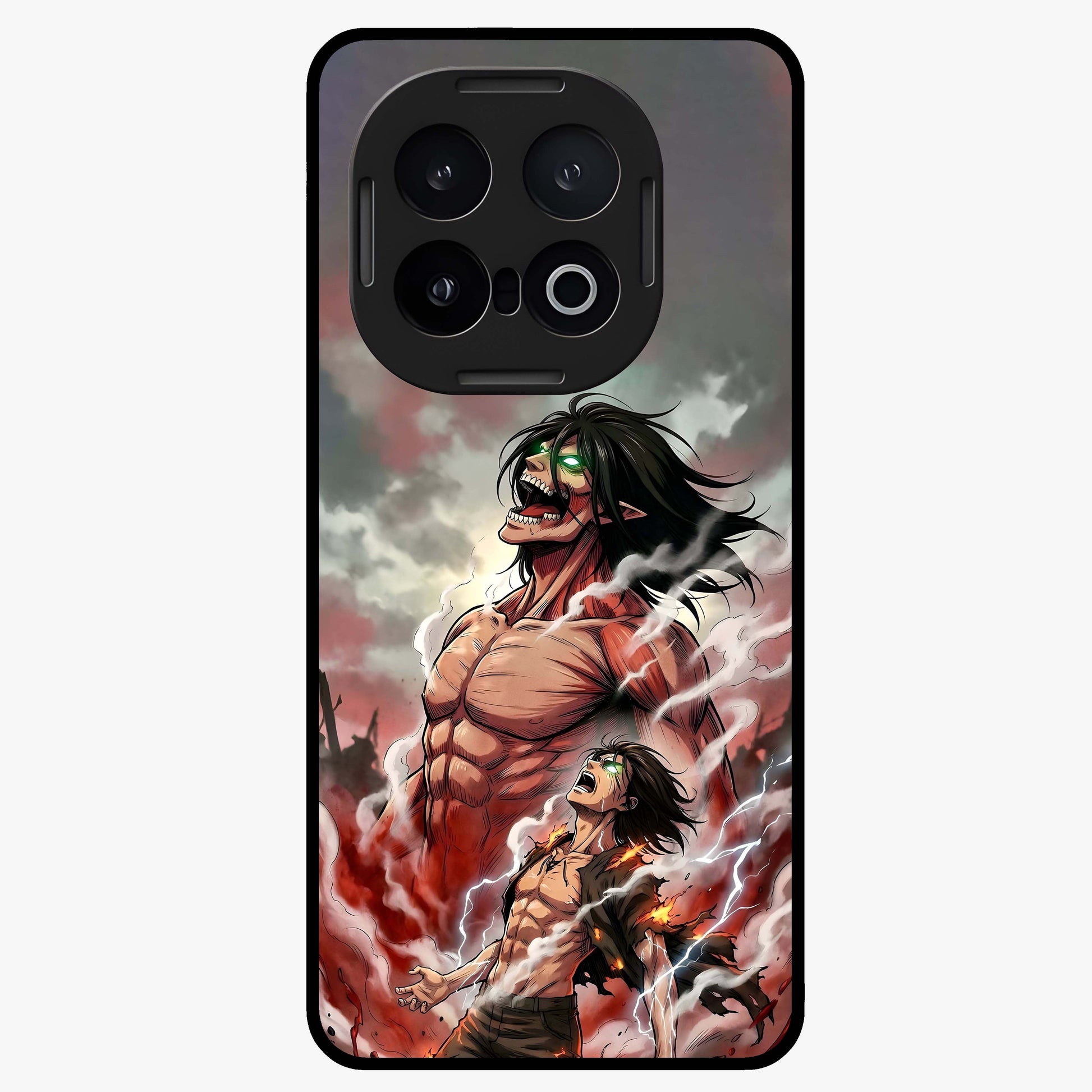 Titan Awakening Fury Glass Case showing flat back view with powerful titan inspired artwork and glossy glass finish.