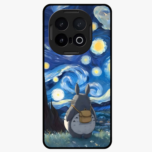 Totoro In Van Gogh Art Glass Case showing flat back view with whimsical character artwork inspired by Van Gogh style and glossy glass finish.
