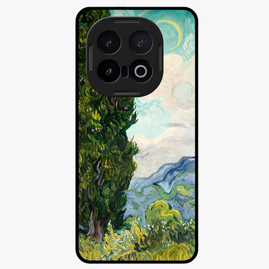 Van Gogh Vintage Art Glass Case showing flat back view with vintage painterly artwork inspired by Van Gogh style and glossy glass finish.