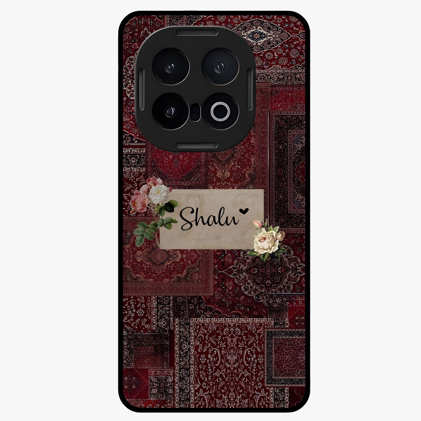 Velvet Wine Pattern Custom Name Glass Case showing flat back view with elegant wine colored pattern artwork and personalized name design.