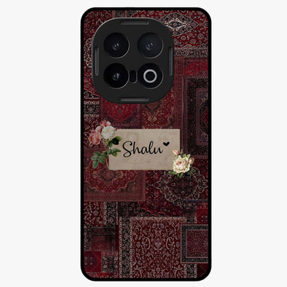 Velvet Wine Pattern Custom Name Glass Case showing flat back view with elegant wine colored pattern artwork and personalized name design.