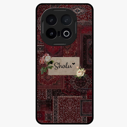 Velvet Wine Pattern Custom Name Glass Case showing flat back view with elegant wine colored pattern artwork and personalized name design.