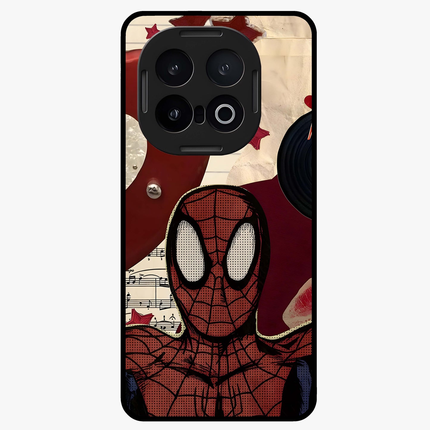 Web Warrior Vibes Glass Case showing flat back view with superhero inspired web themed artwork and glossy glass finish.