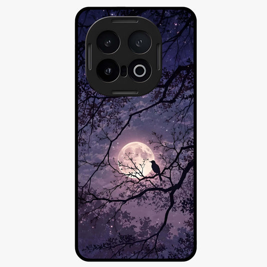 Whispering Moon Silence Glass Case showing flat back view with serene moon themed artwork and glossy glass finish.