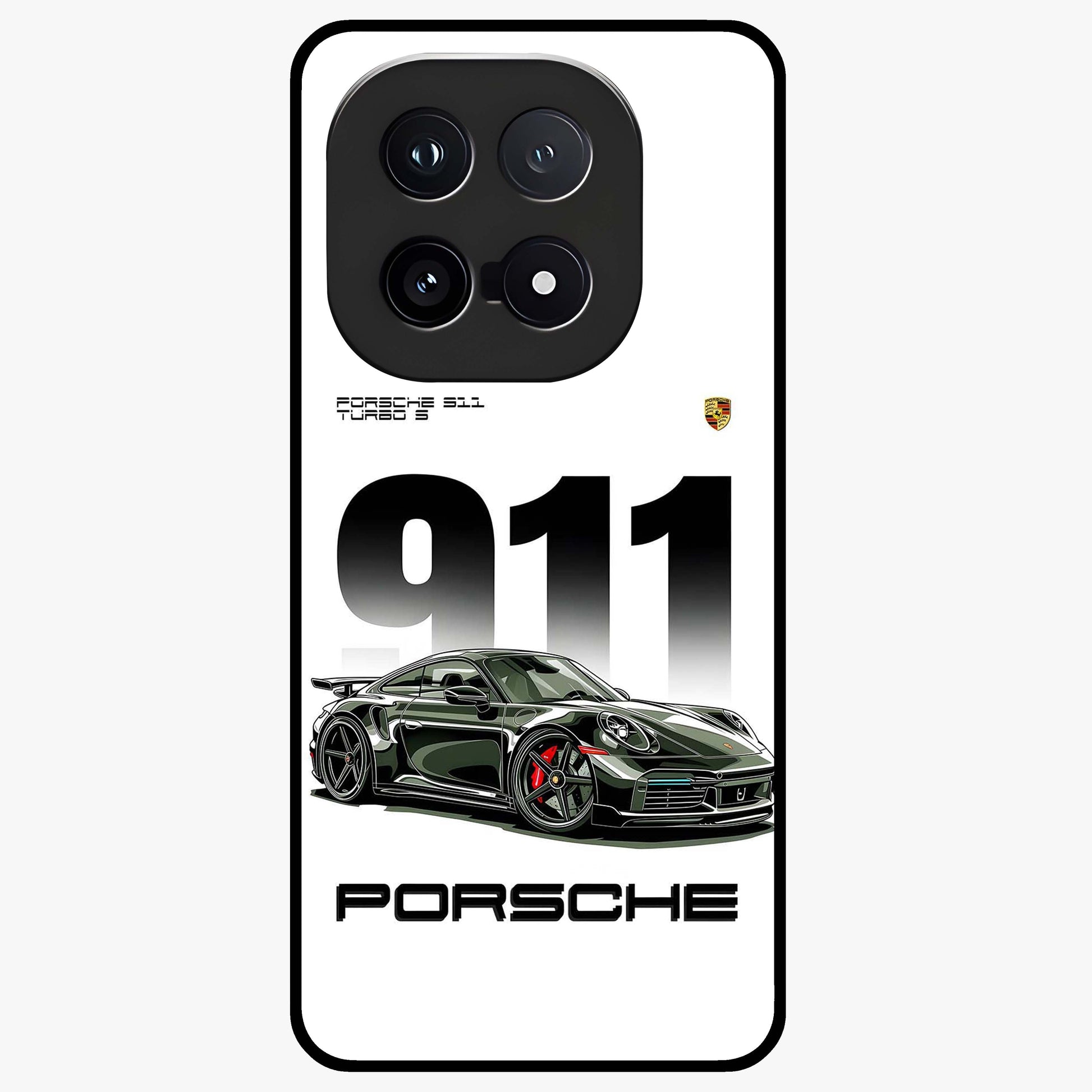 911 Turbo Dominance Glass Case showing clean flat back view with bold 911 sports car artwork and glossy glass finish.
