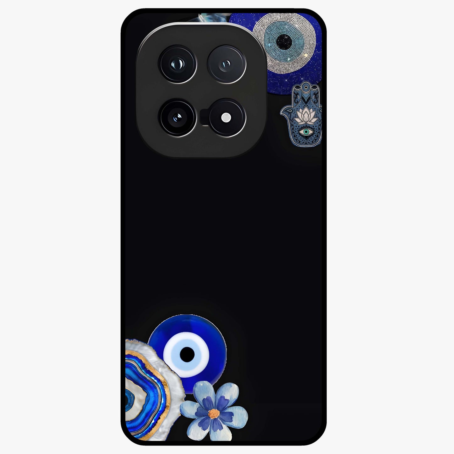 Aesthetic Blue Evil Eye Glass Case showing flat back view with protective evil eye artwork and glossy glass finish.