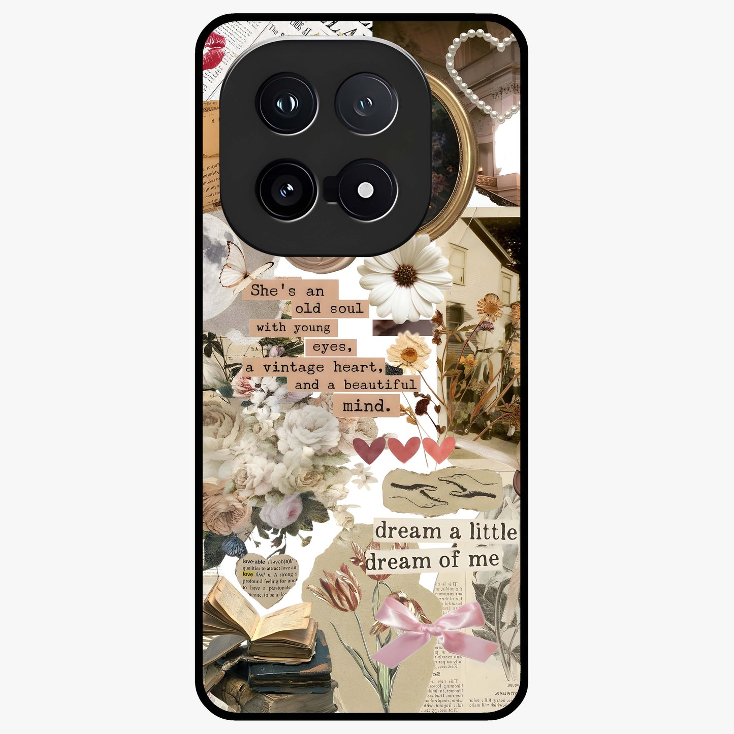 Aesthetic Brown Vintage Collage Glass Case showing flat back view with retro collage artwork and glossy glass finish.