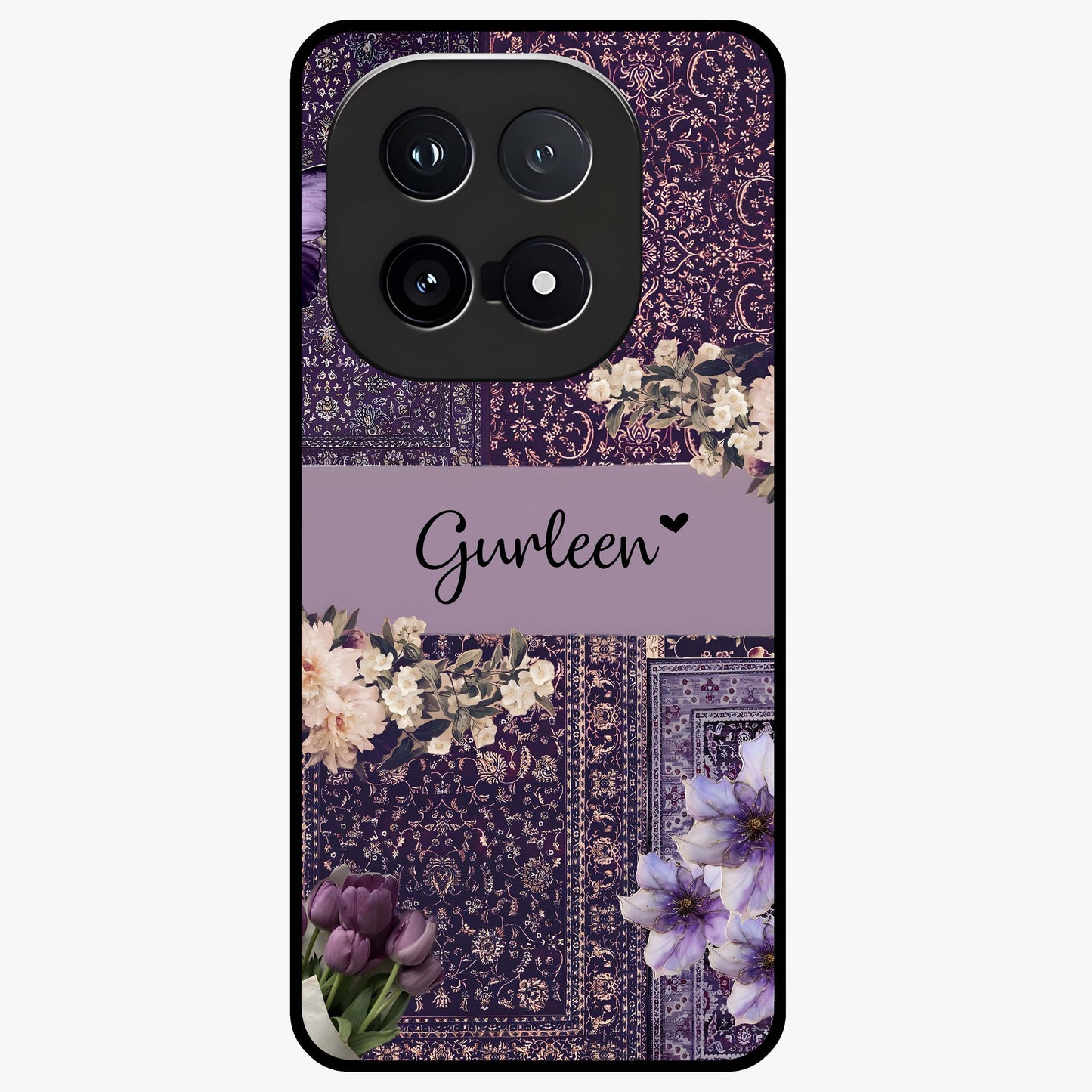 Antique Floral Whisper Custom Name Glass Case showing flat back view with vintage floral artwork and personalized name design.