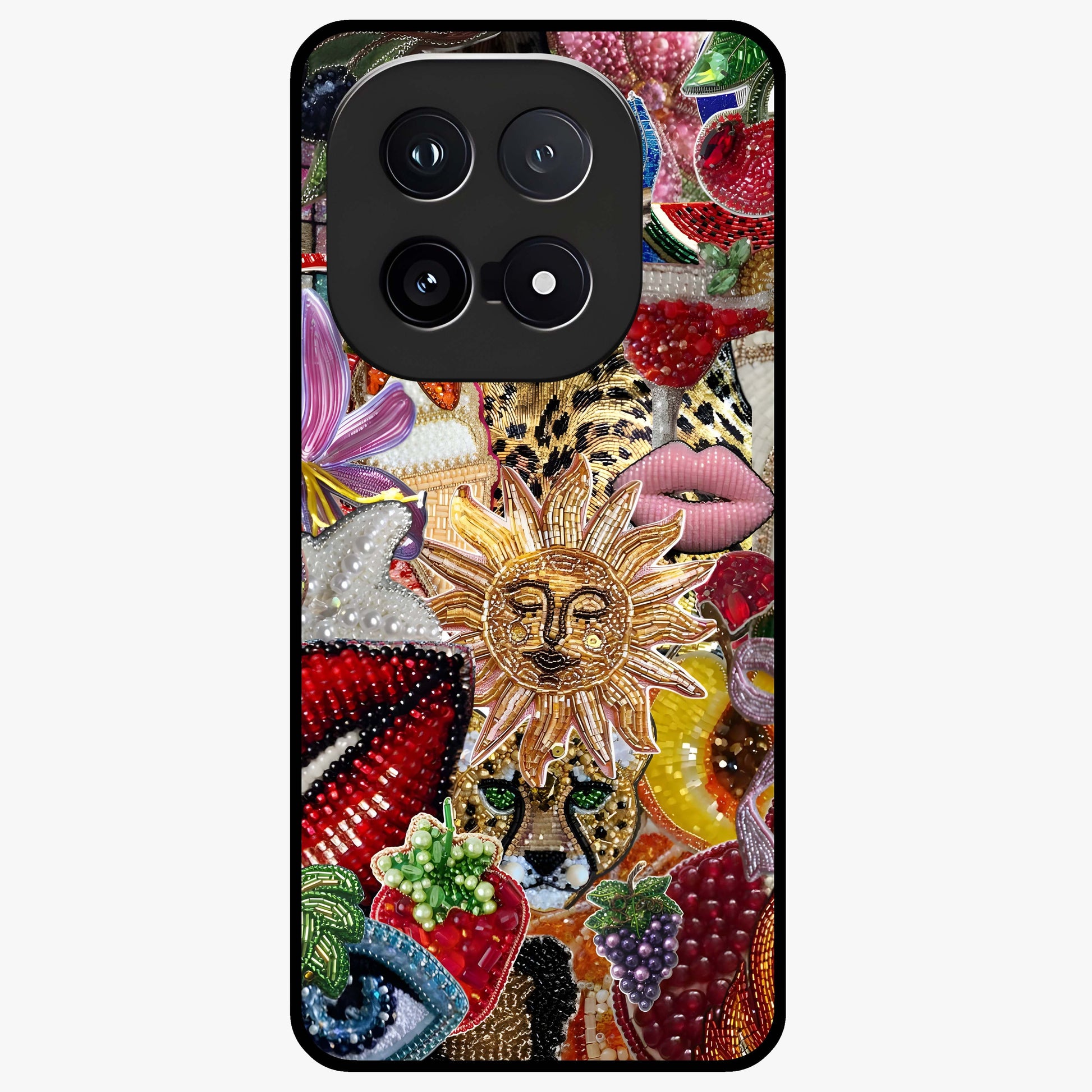 Beaded Fashion Jungle Glass Case showing flat back view with vibrant jungle inspired bead artwork and glossy glass finish.