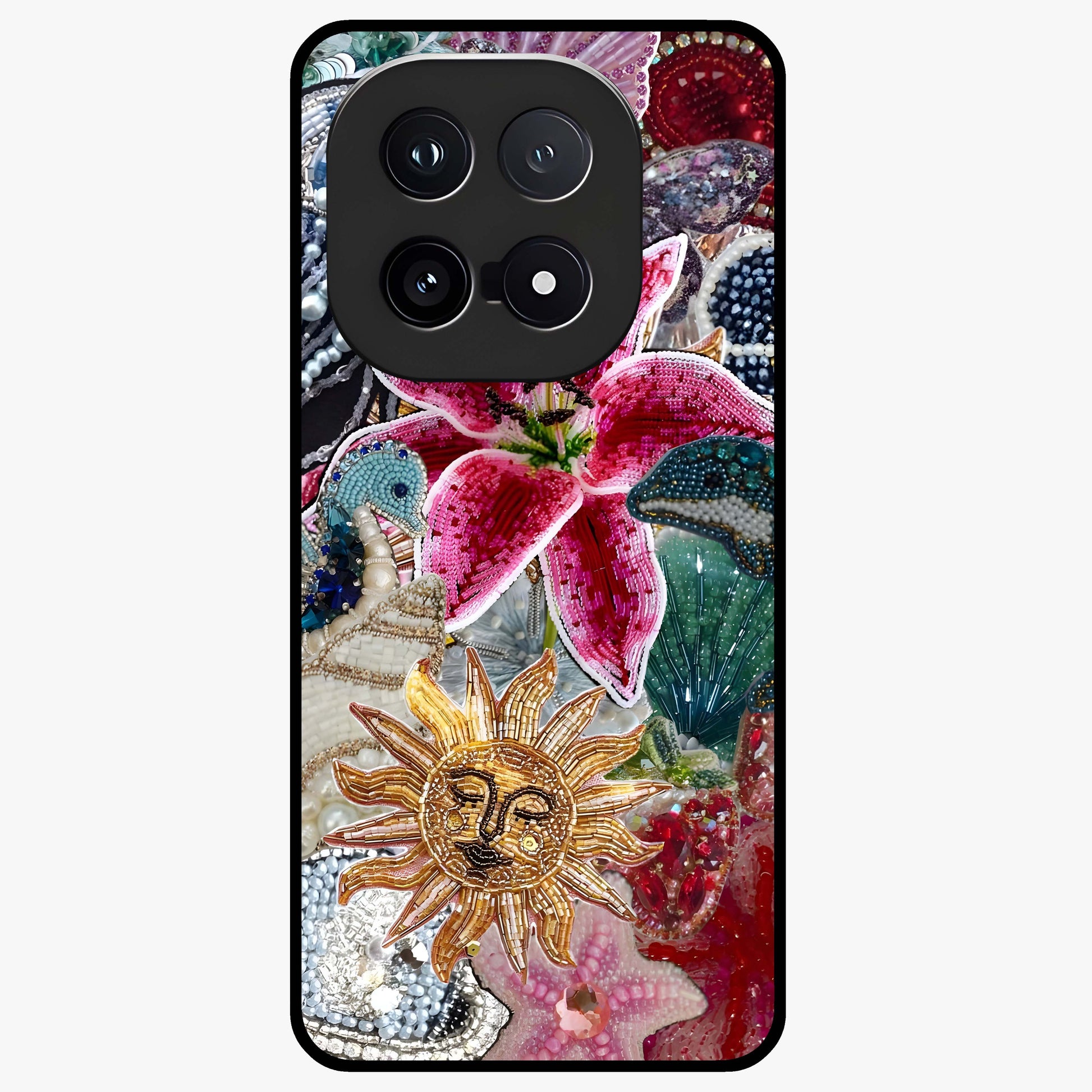 Beaded Garden Fantasy Glass Case showing flat back view with dreamy garden bead artwork and glossy glass finish.