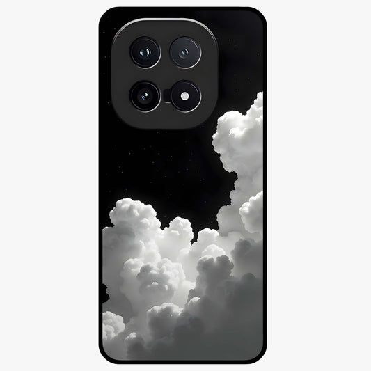 Black Background With White Cloud Glass Case showing flat back view with minimal cloud artwork on dark background and glossy glass finish.