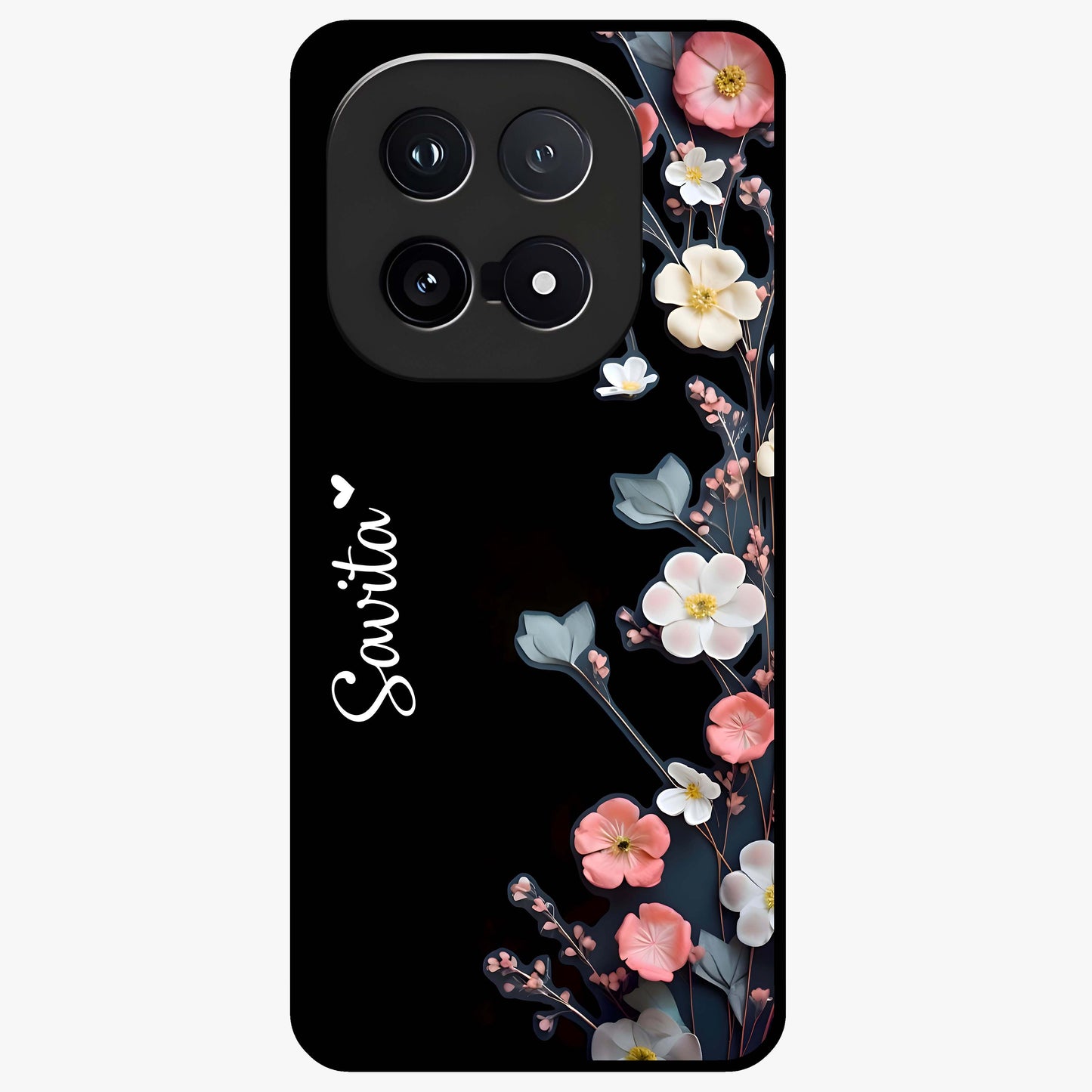 Black Elegance Floral Custom Name Glass Case showing flat back view with elegant floral artwork and personalized name design.