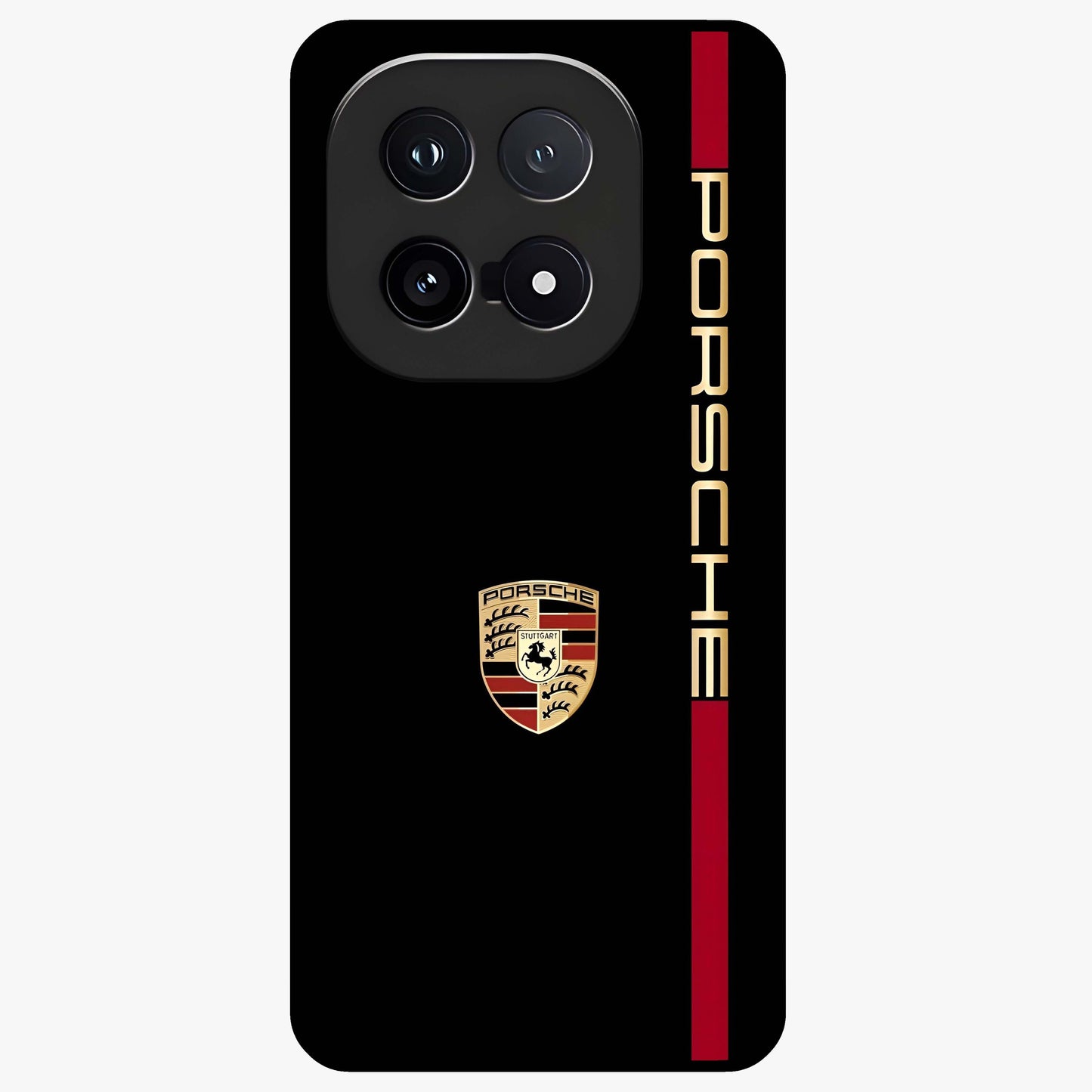 Black Minimal Porsche Glass Case showing flat back view with sleek minimal sports car artwork and glossy glass finish.