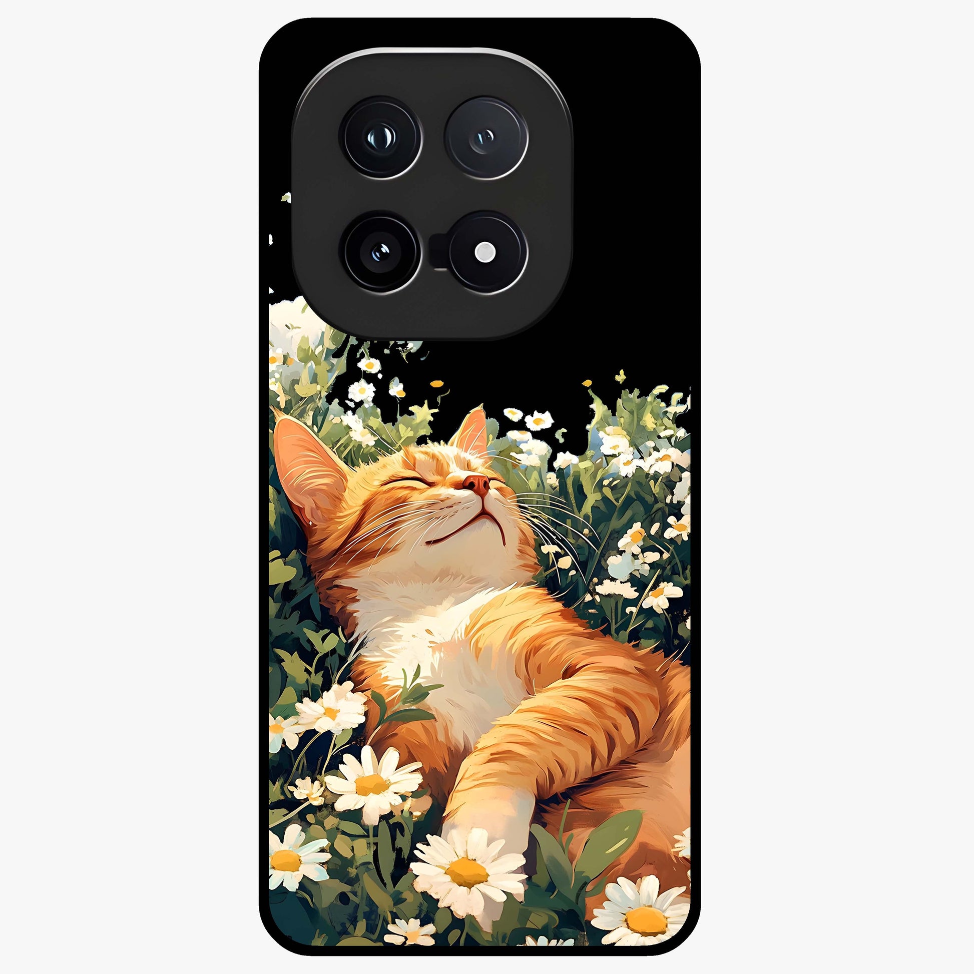 Blissful Bloom Cat Glass Case showing flat back view with cute cat and floral bloom artwork and glossy glass finish.