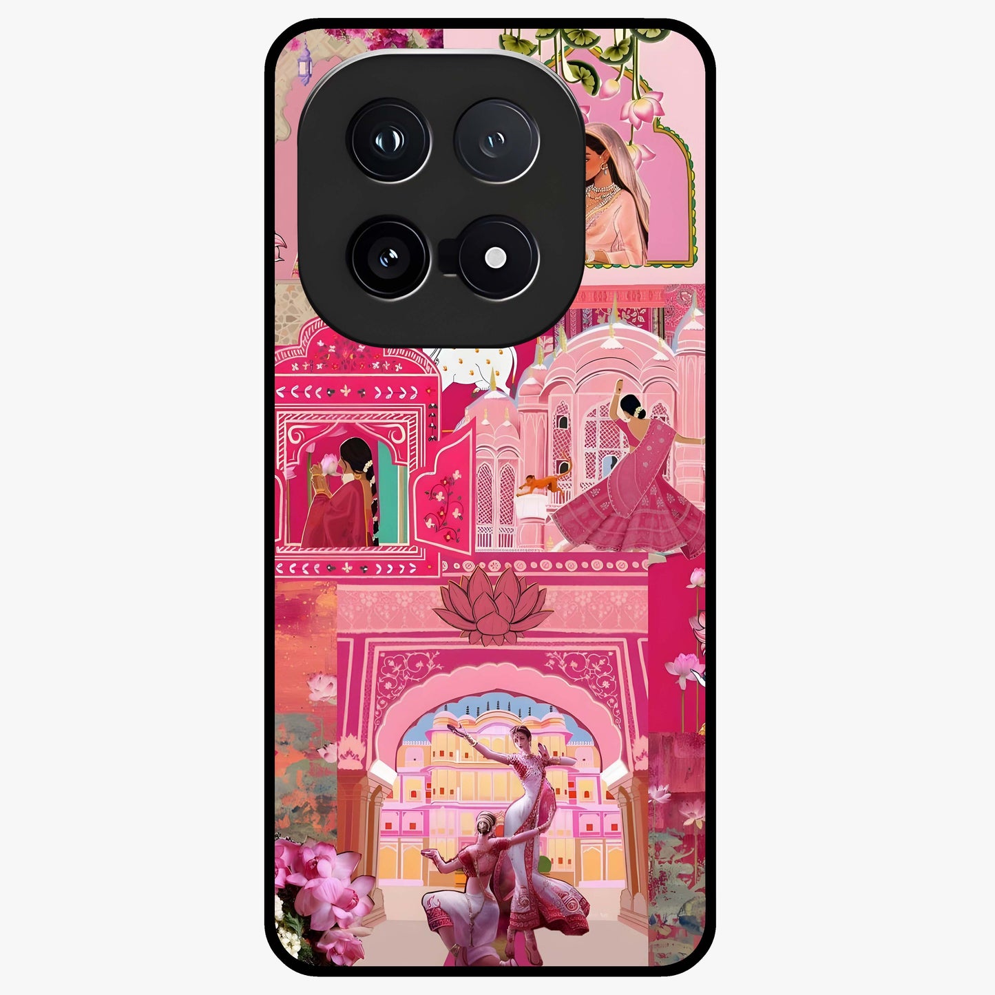 Blossoms of Rajasthan Glass Case showing flat back view with traditional floral artwork inspired by Rajasthan and glossy glass finish.