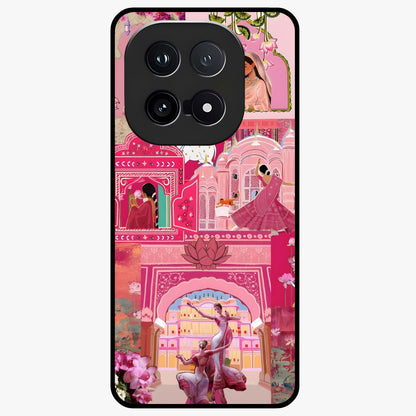 Blossoms of Rajasthan Glass Case showing flat back view with traditional floral artwork inspired by Rajasthan and glossy glass finish.