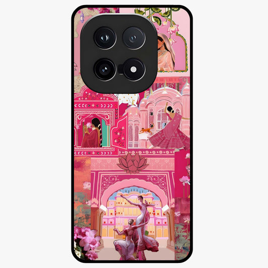 Blossoms of Rajasthan Glass Case showing flat back view with traditional floral artwork inspired by Rajasthan and glossy glass finish.