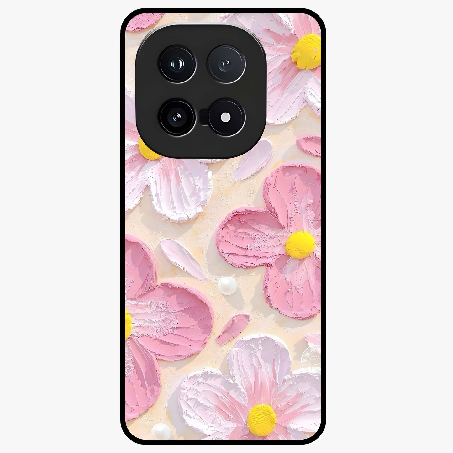 Blush Bloom Texture Glass Case showing flat back view with soft blush floral texture artwork and glossy glass finish.