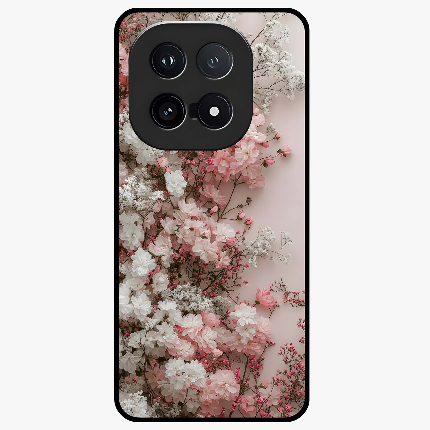 Blush Blossom Cloud Glass Case showing flat back view with dreamy blush cloud blossom artwork and glossy glass finish.
