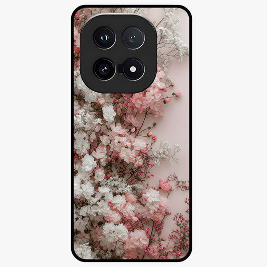 Blush Blossom Cloud Glass Case showing flat back view with dreamy blush cloud blossom artwork and glossy glass finish.