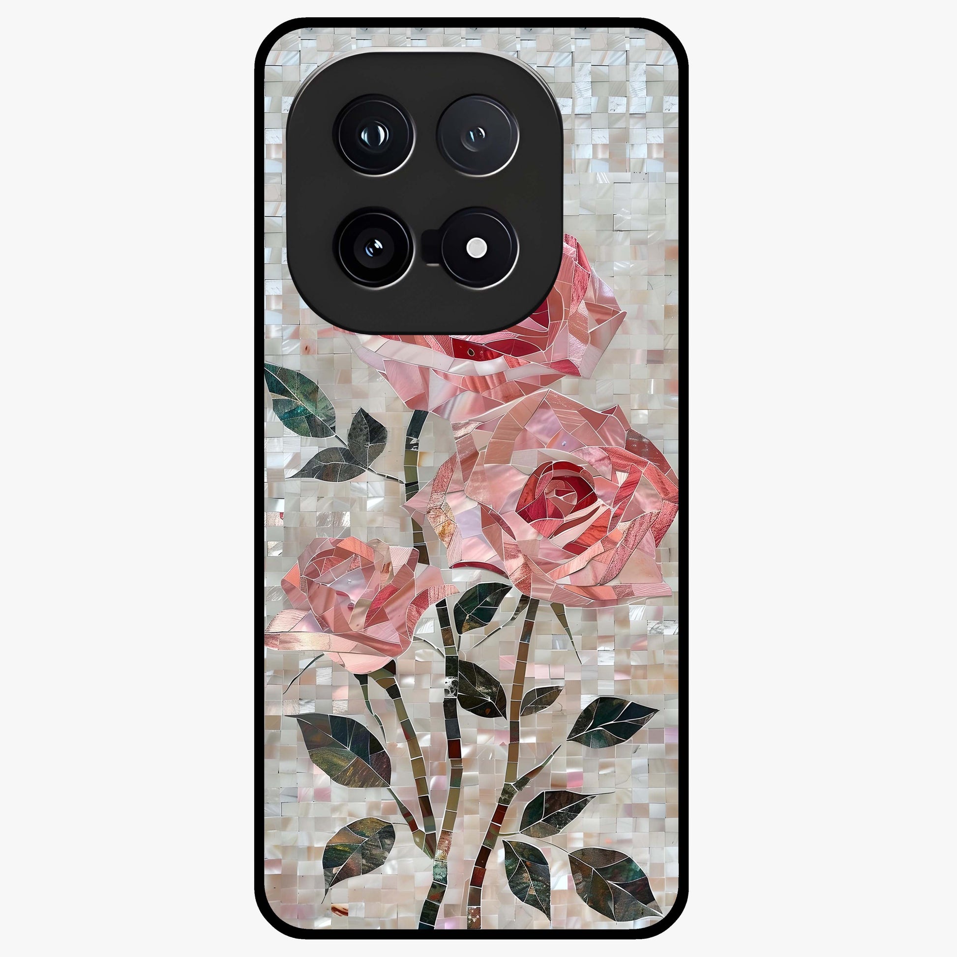 Blush Mosaic Bloom Glass Case showing flat back view with mosaic floral bloom artwork and glossy glass finish.