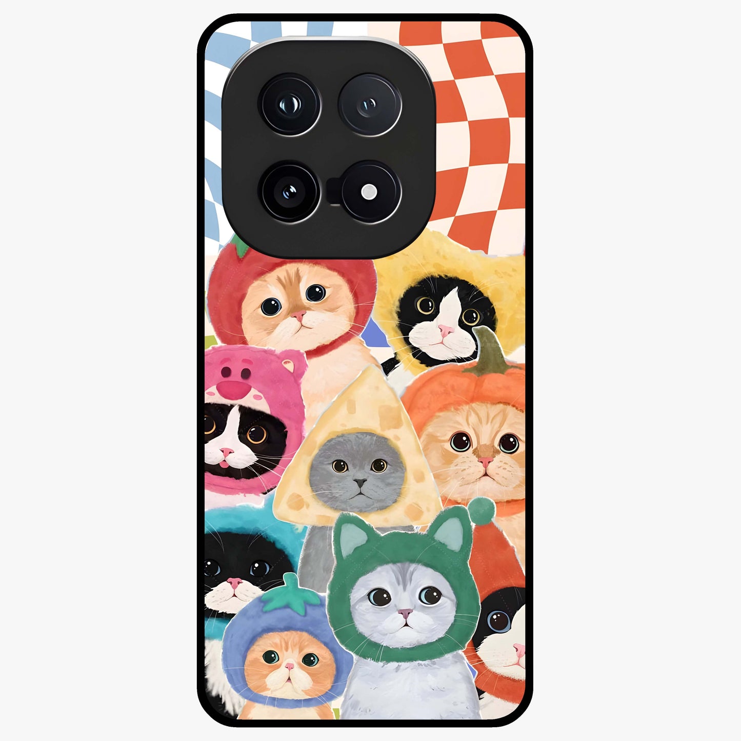 Cats in Fruits Glass Case showing flat back view with playful cat illustrations inside fruit artwork and glossy glass finish.