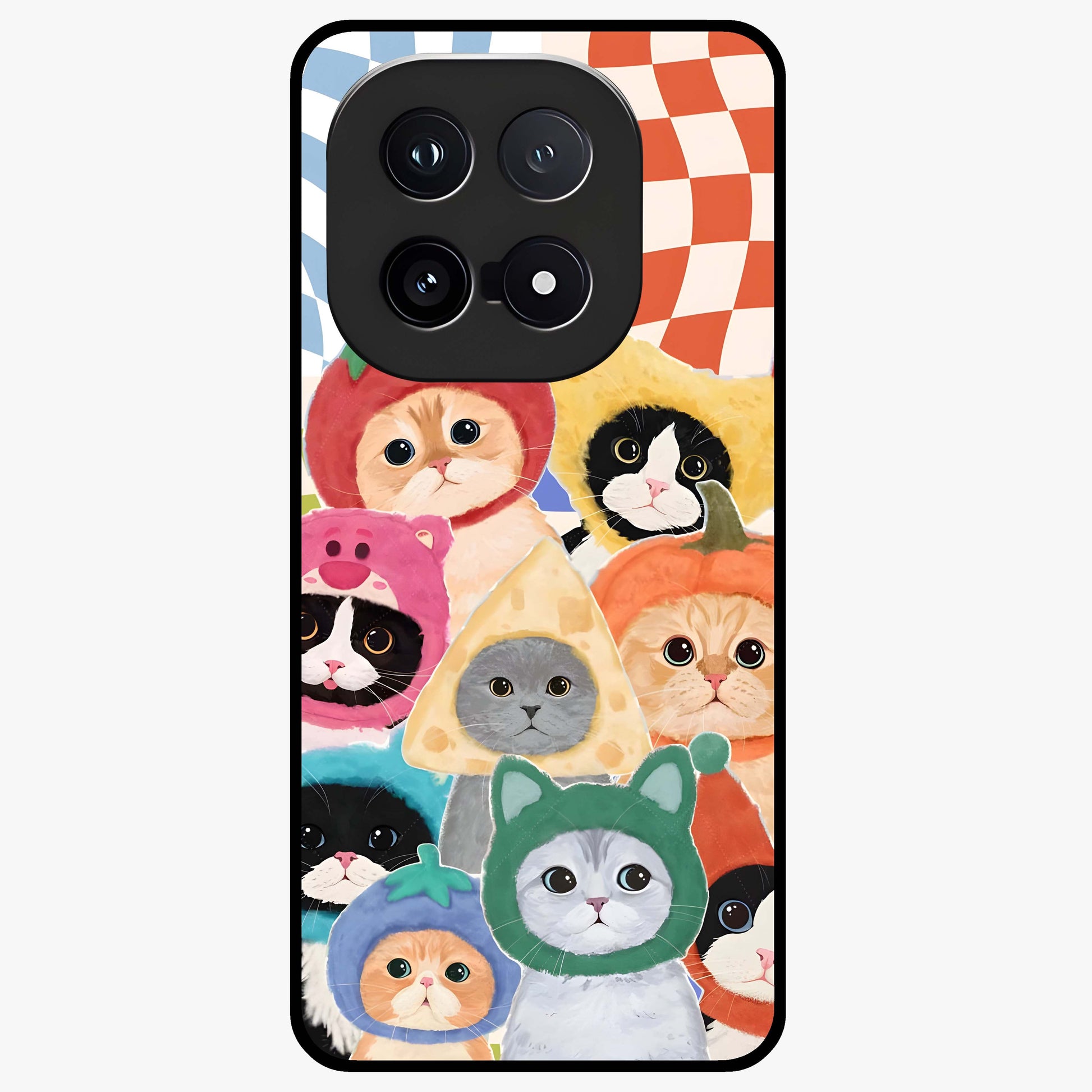Cats in Fruits Glass Case showing flat back view with playful cat illustrations inside fruit artwork and glossy glass finish.