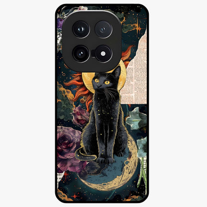 Celestial Black Cat Glass Case showing flat back view with mystical black cat artwork and glossy glass finish.