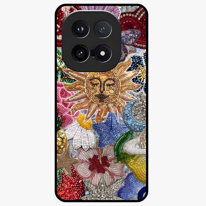 Celestial Floral and Playful Glass Case showing flat back view with floral and celestial themed artwork and glossy glass finish.