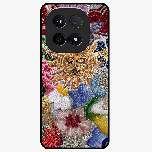 Celestial Floral and Playful Glass Case showing flat back view with floral and celestial themed artwork and glossy glass finish.