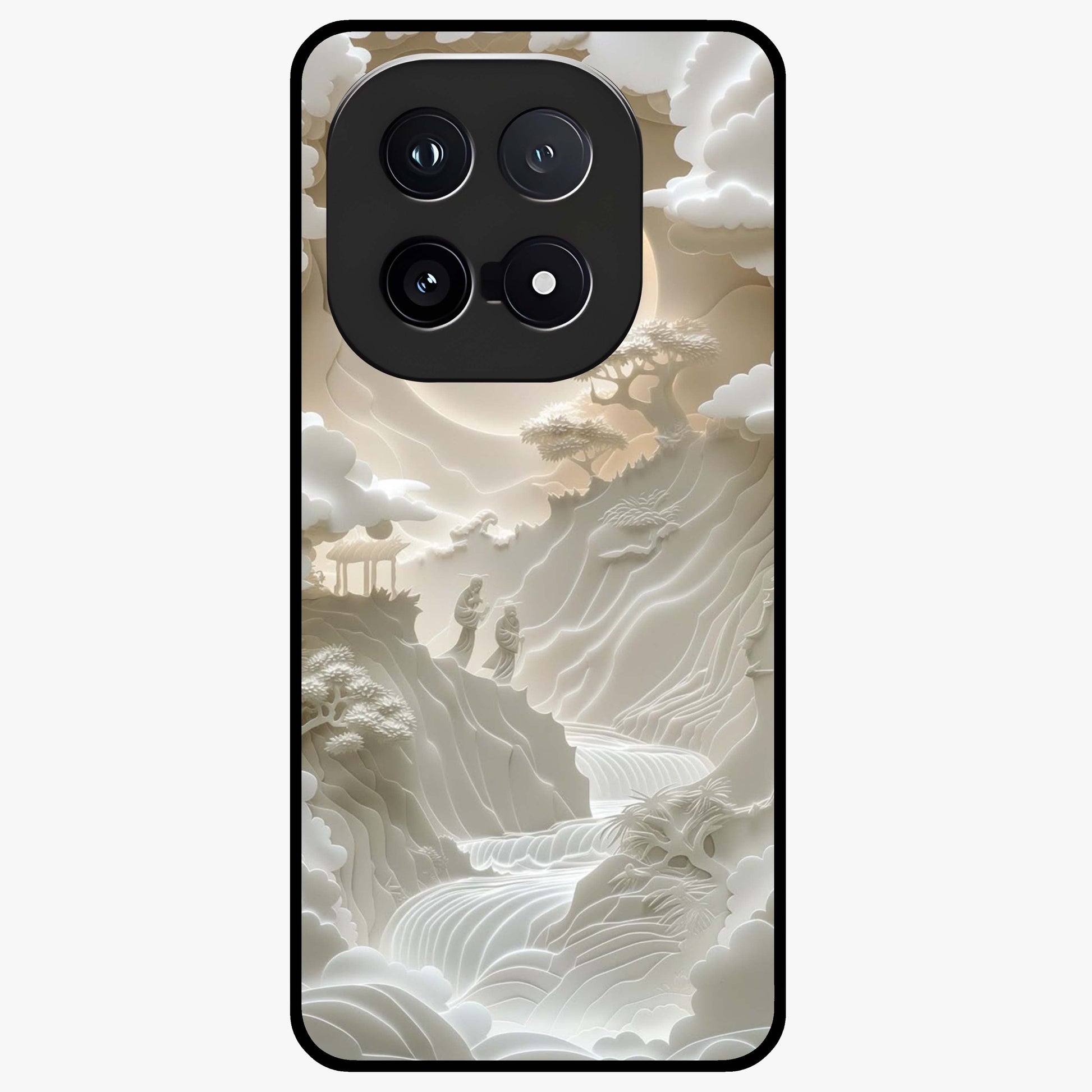Celestial Origami Glass Case showing flat back view with artistic origami inspired celestial artwork and glossy glass finish.