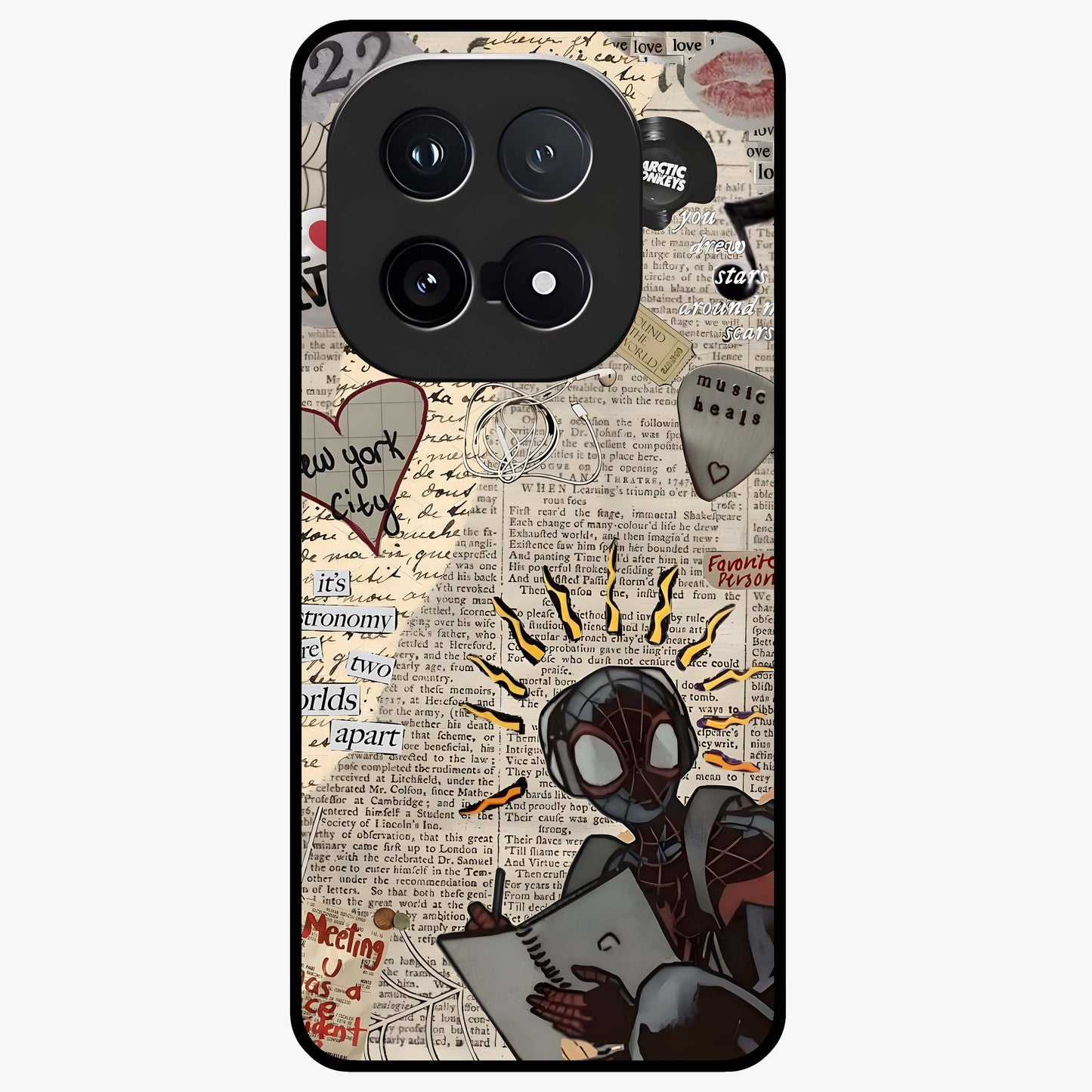 City Dream Sketch Glass Case showing flat back view with artistic city skyline sketch artwork and glossy glass finish.