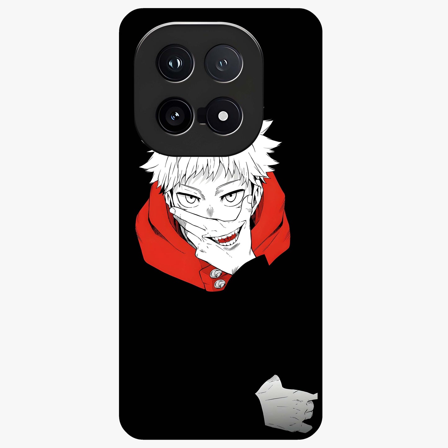 Crimson Chaos Smile Glass Case showing flat back view with bold chaotic smile artwork and glossy glass finish.