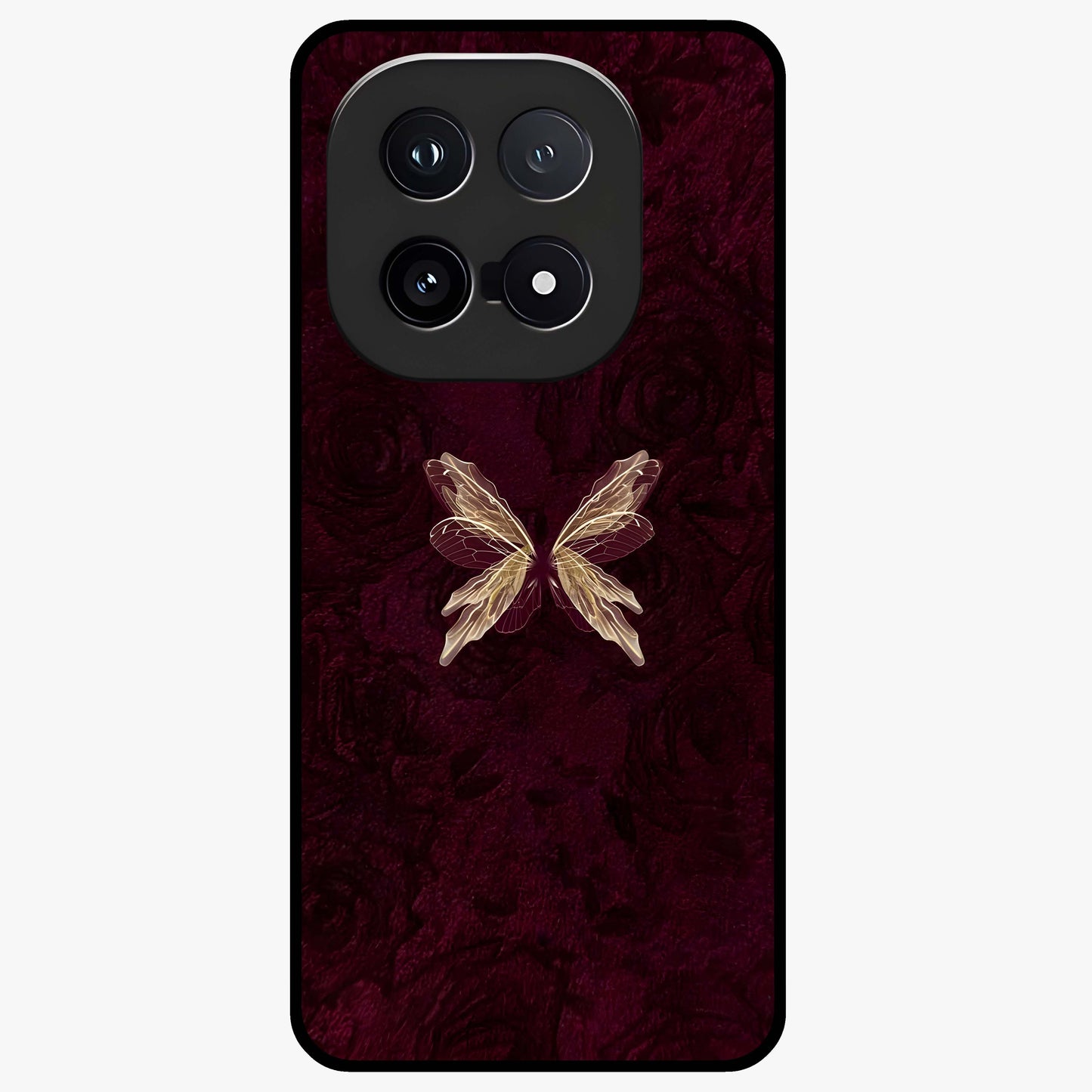 Crimson Fade Butterfly Glass Case showing flat back view with fading butterfly artwork and glossy glass finish.