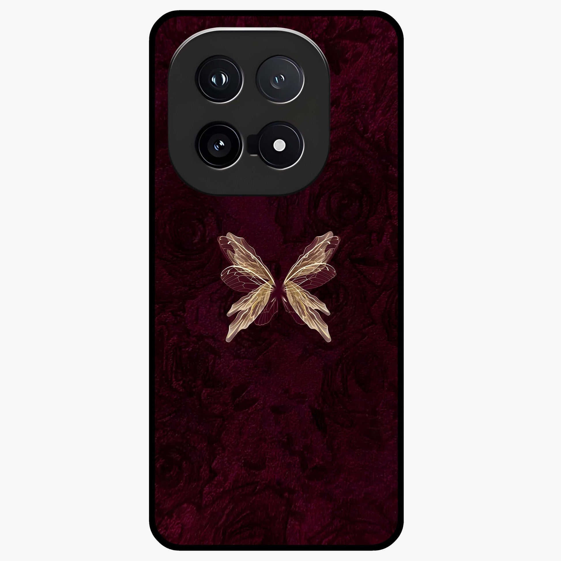 Crimson Fade Butterfly Glass Case showing flat back view with fading butterfly artwork and glossy glass finish.