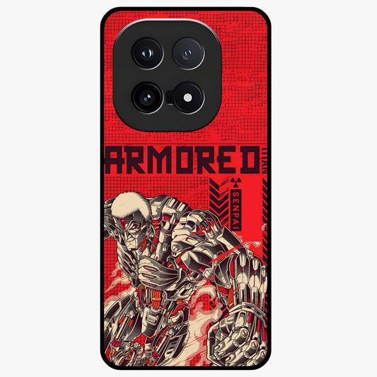 Crimson Mecha Titan Glass Case showing flat back view with powerful mech titan artwork and glossy glass finish.