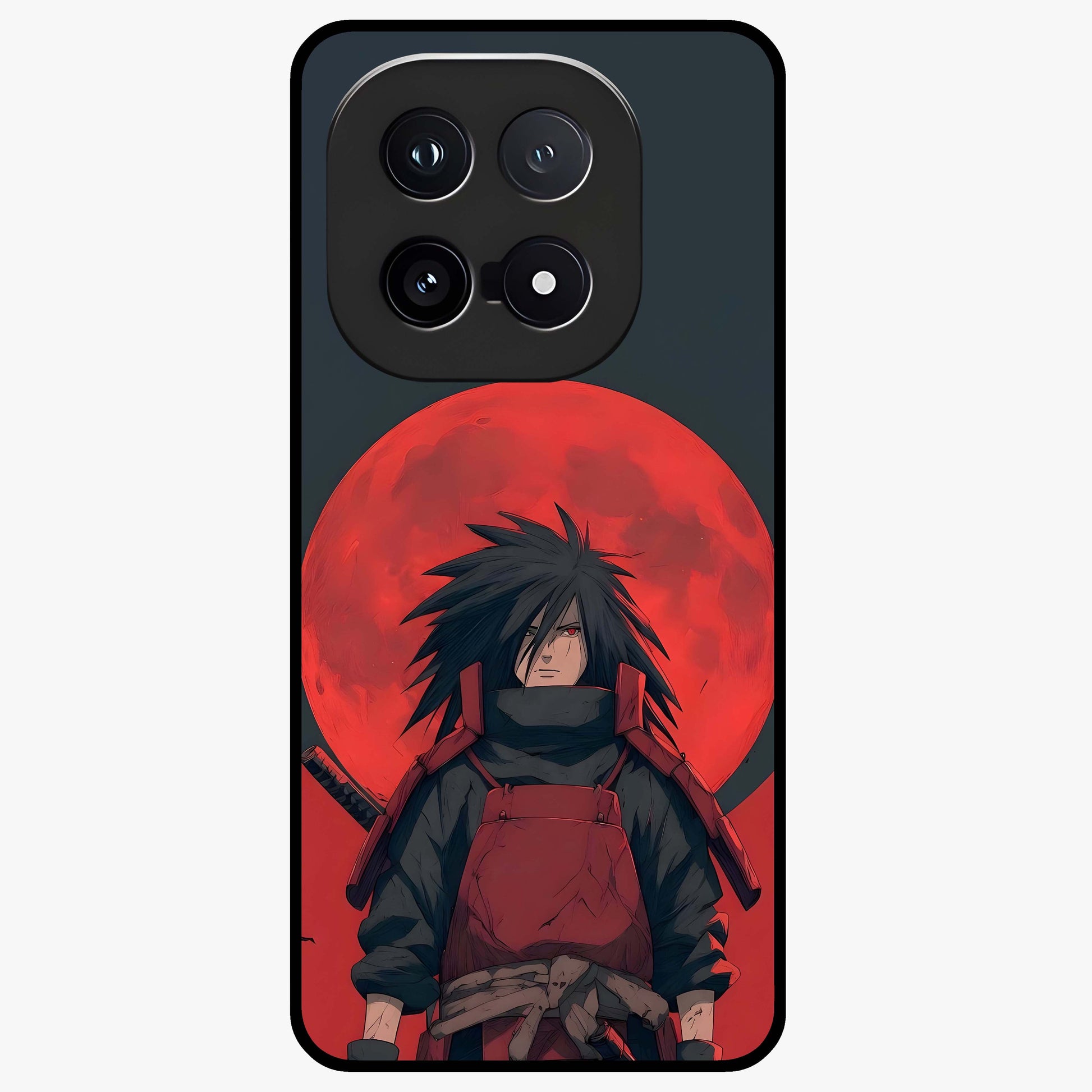 Crimson Moon Warlord Glass Case showing flat back view with mystical moon warrior artwork and glossy glass finish.