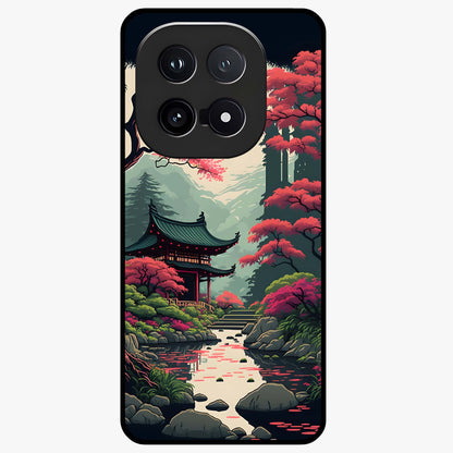 Crimson Temple View Glass Case showing flat back view with temple inspired artwork and glossy glass finish.