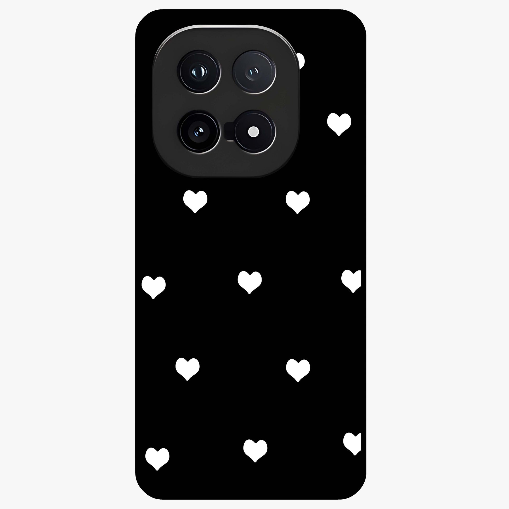 Cute And Simple White Hearts Glass Case showing flat back view with minimal white heart pattern and glossy glass finish.