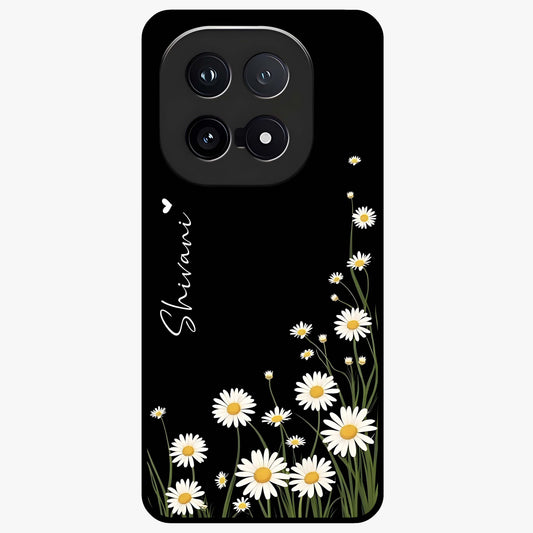 Daisy Cascade Custom Name Glass Case showing flat back view with cascading daisy flowers and personalized name design.