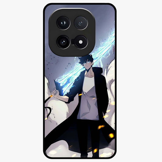 Dark Lightning Anime Warrior Glass Case showing flat back view with intense anime warrior artwork and glossy glass finish.