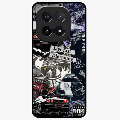 Die Young Glass Case showing flat back view with bold artistic typography design and glossy glass finish.
