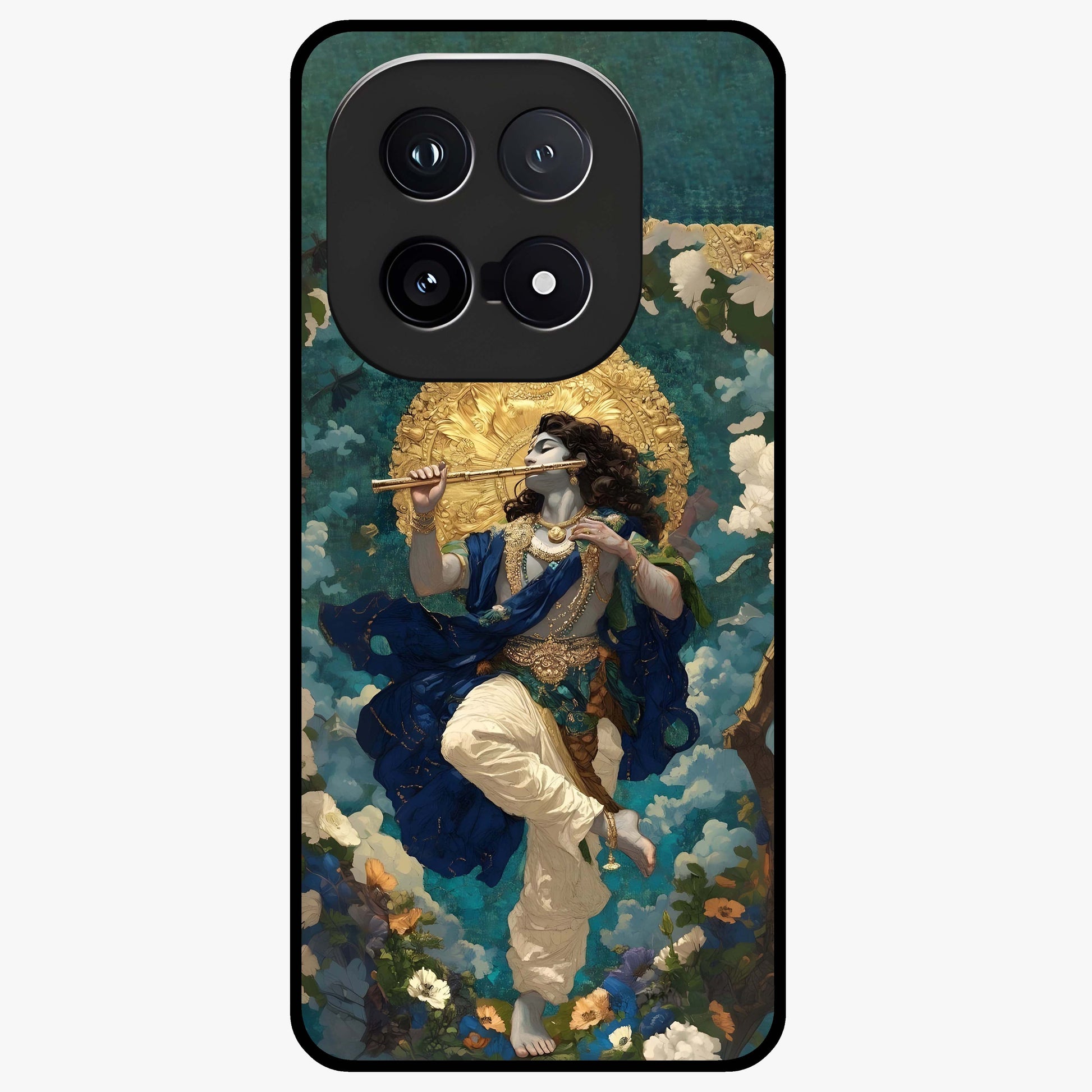 Divine Krishna Art Glass Case showing flat back view with Lord Krishna artwork and glossy glass finish.