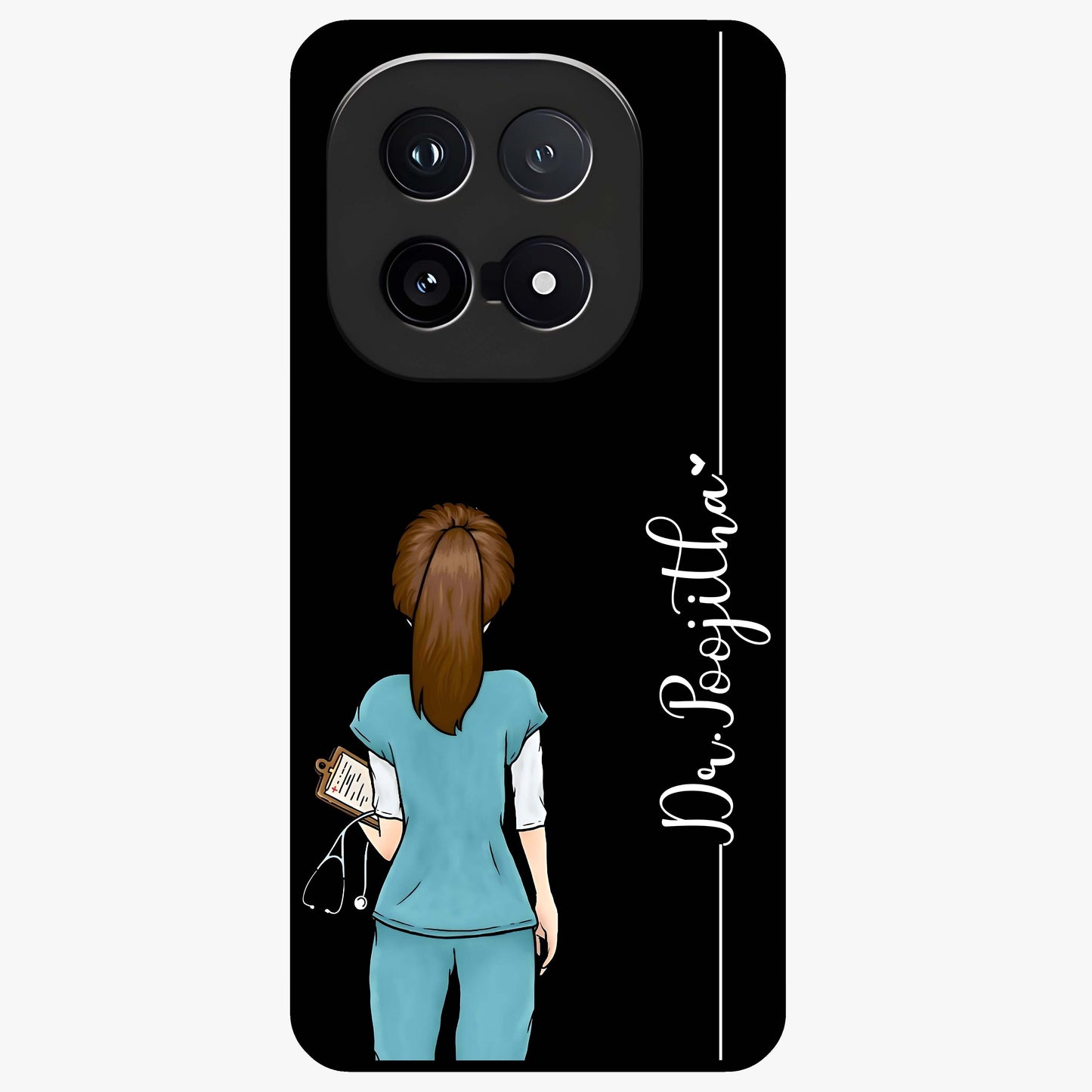Doctor Pattern Custom Name Glass Case showing flat back view with medical themed pattern and personalized name design.