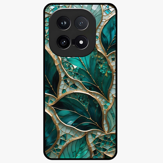 Emerald Leaf Glass Glass Case showing flat back view with emerald green leaf artwork and glossy glass finish.