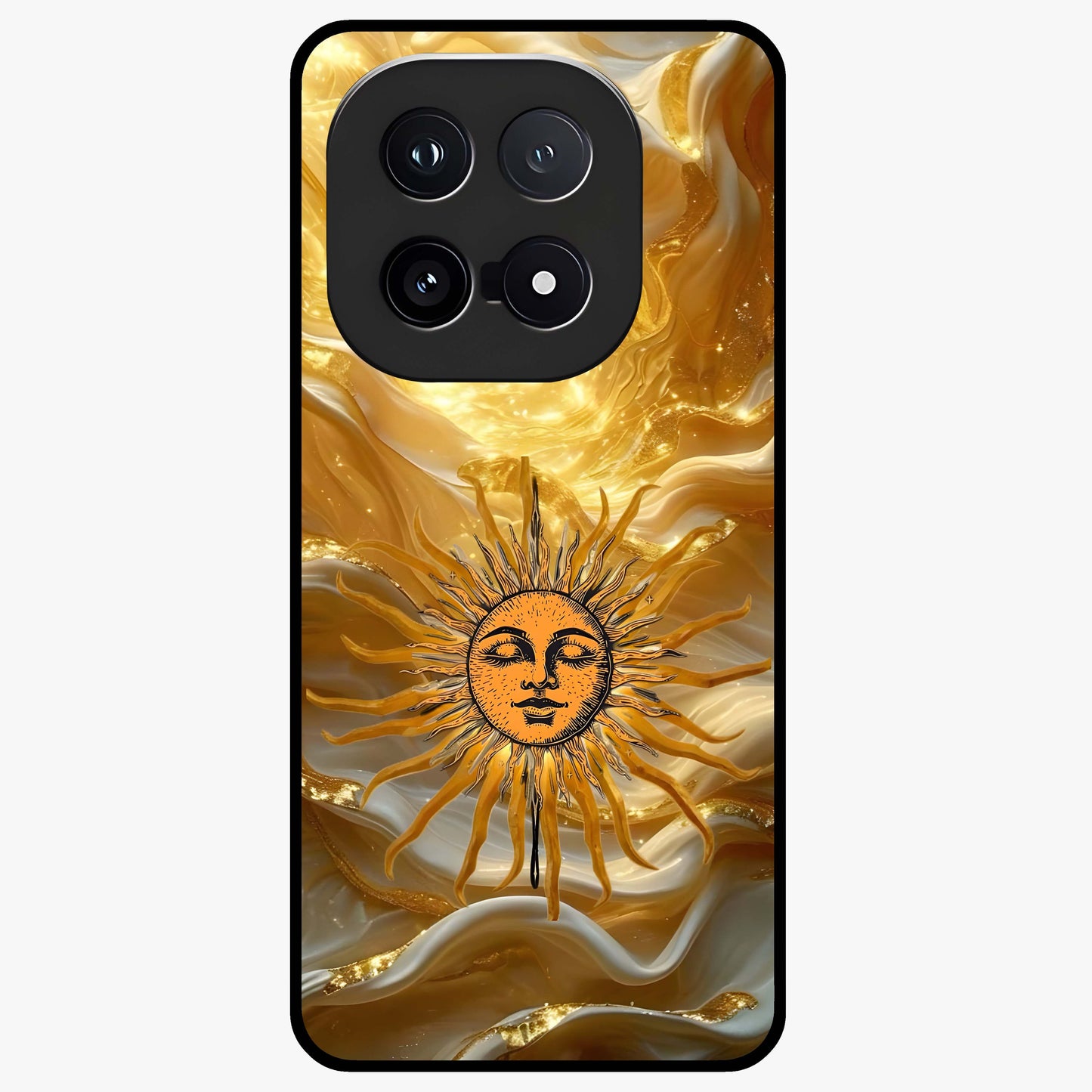Eternal Golden Glow Glass Case showing flat back view with radiant golden themed artwork and glossy glass finish.