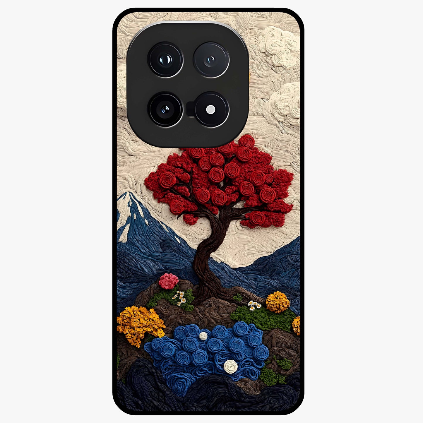 Eternal Nature Tapestry Glass Case showing flat back view with intricate nature tapestry artwork and glossy glass finish.