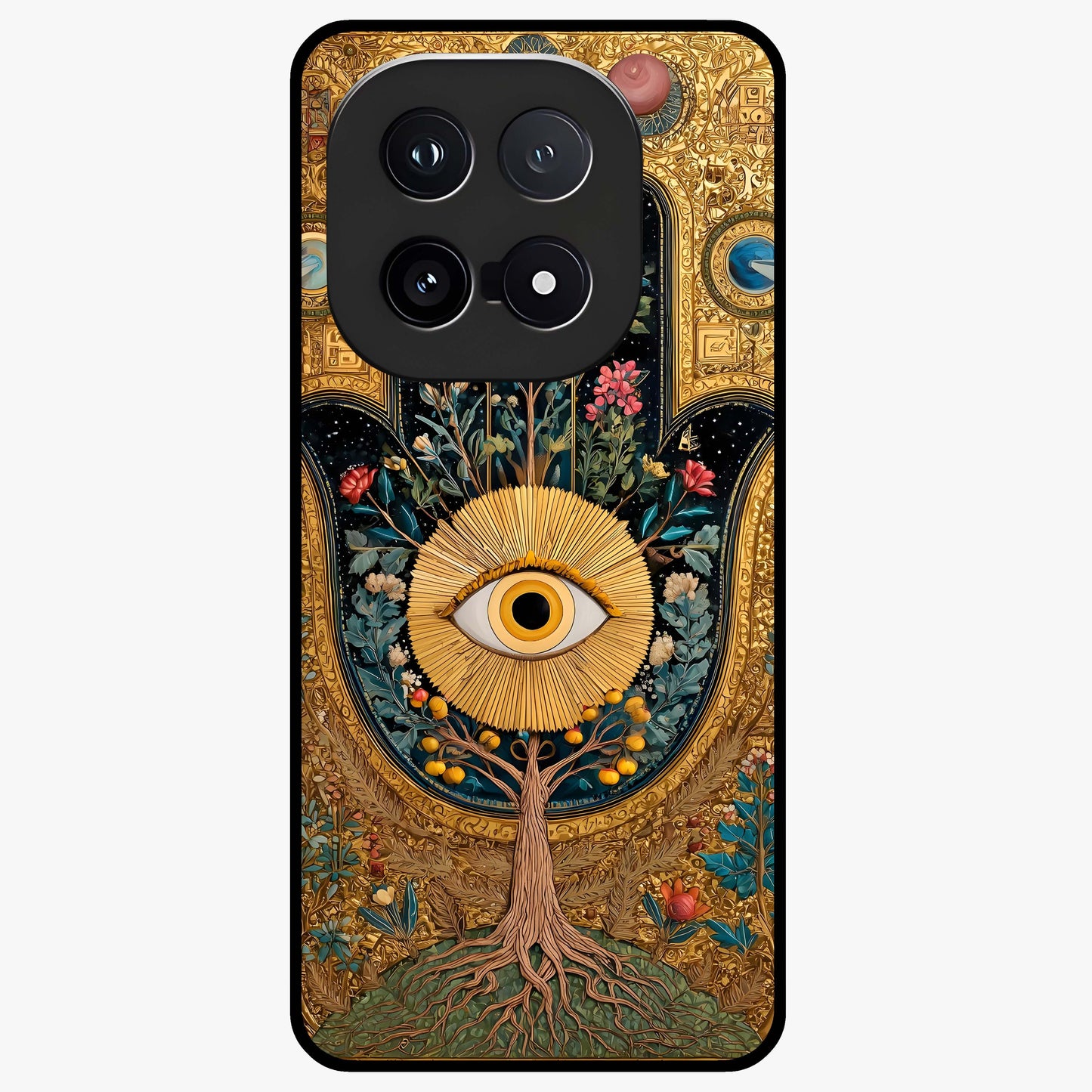 Ethereal Evil Eye Glass Case showing flat back view with mystical evil eye artwork and glossy glass finish.